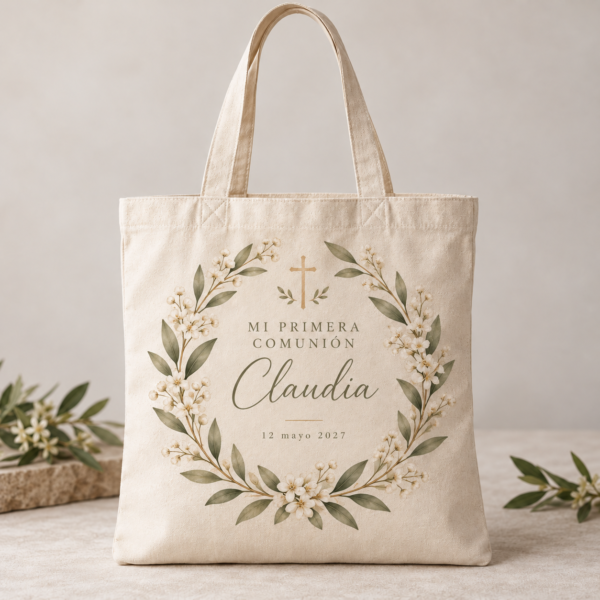 Bolsa tote bag de algodón natural de 180 g personalizada para comunión | La Pera