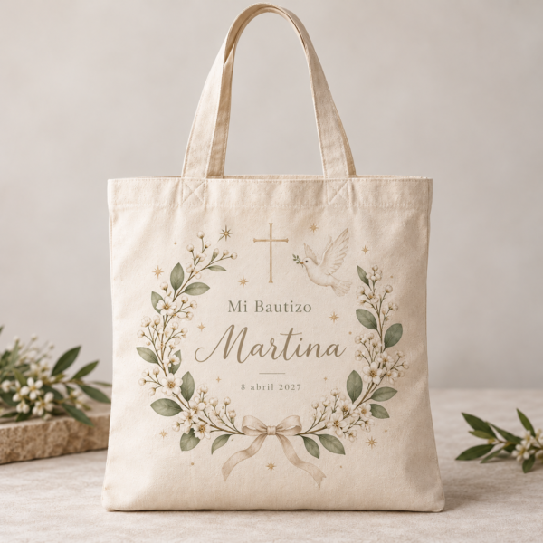Bolsa tote bag de algodón natural de 180 g personalizada para bautizo | La Pera