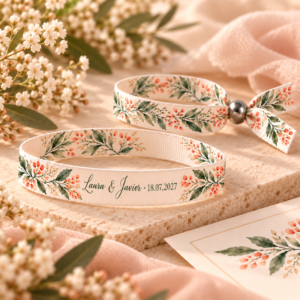 Pulseras textiles personalizadas para bodas con cierre de bola