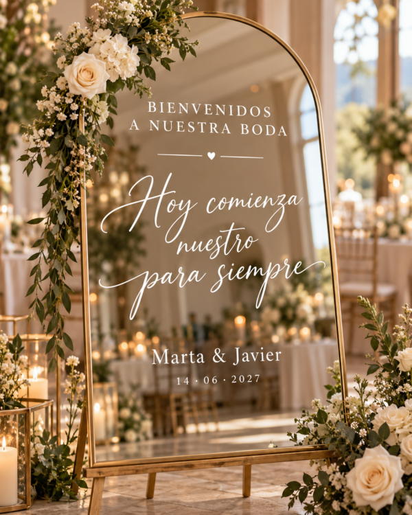Vinilo para espejo de boda personalizado con nombres y fecha