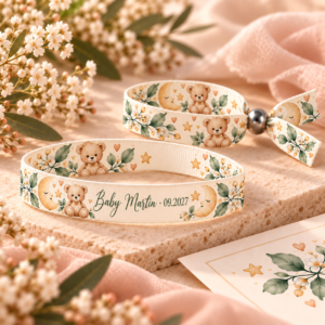 Pulsera textil personalizada para baby shower modelo Osito y luna