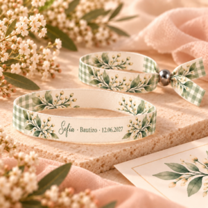 Pulsera textil personalizada para bautizo modelo Vichy verde
