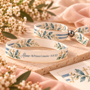 Pulsera textil personalizada para comunión modelo Rayas azules