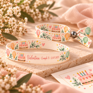 Pulsera textil personalizada para cumpleaños modelo Tarta