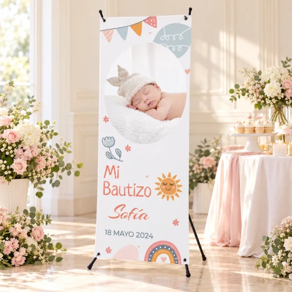 Xbanner de bautizo ilustrado con fotografía, nombre y fecha en una celebración